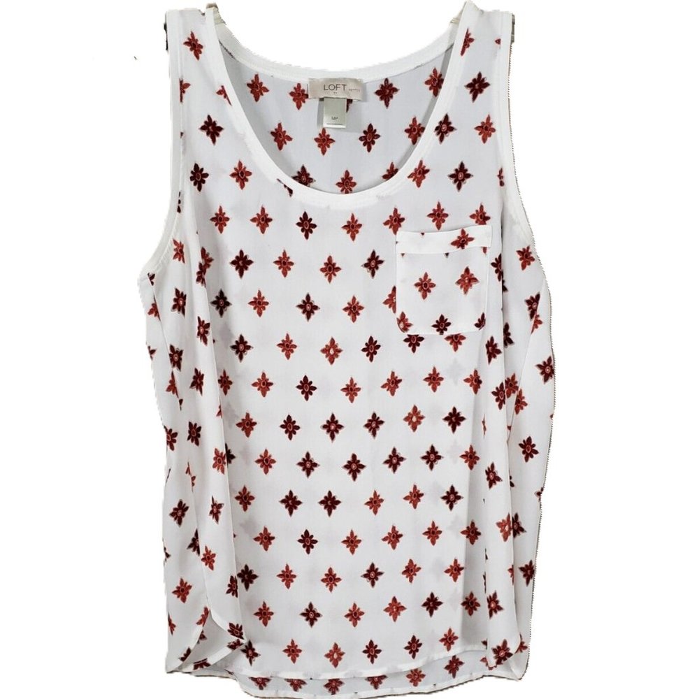 Loft Outlet MP PM White Rust Orange Pocket Blouse Tank Top Batik Damask Petite